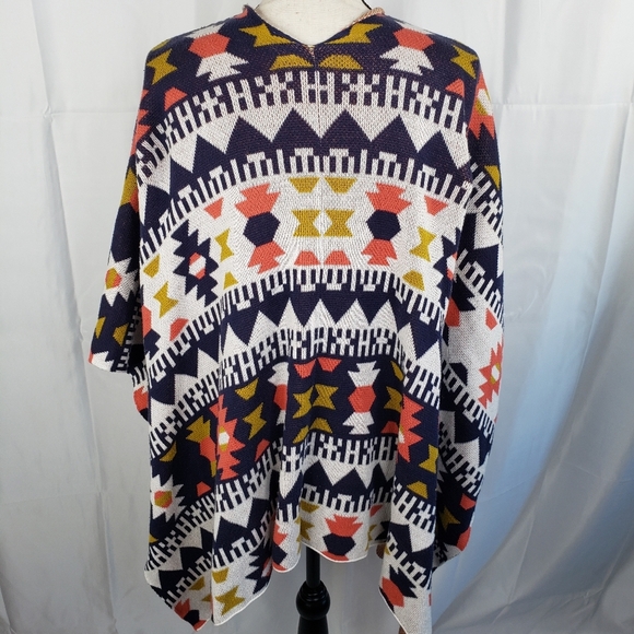 Wild Pearl Aztec Design Open Front Cardigan Lagen Look Blue & Orange Knit Sz M. - Picture 7 of 16